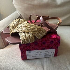 Tory Burch Kira Quilted Ankle Strap Sandal Raffia Natural Rose Tea size 9